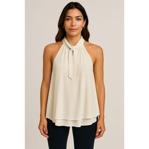 Cha Cha Vente Womens Medium Ivory Crinkle Crepe Tie Front Halter‎ Tank Top Shirt